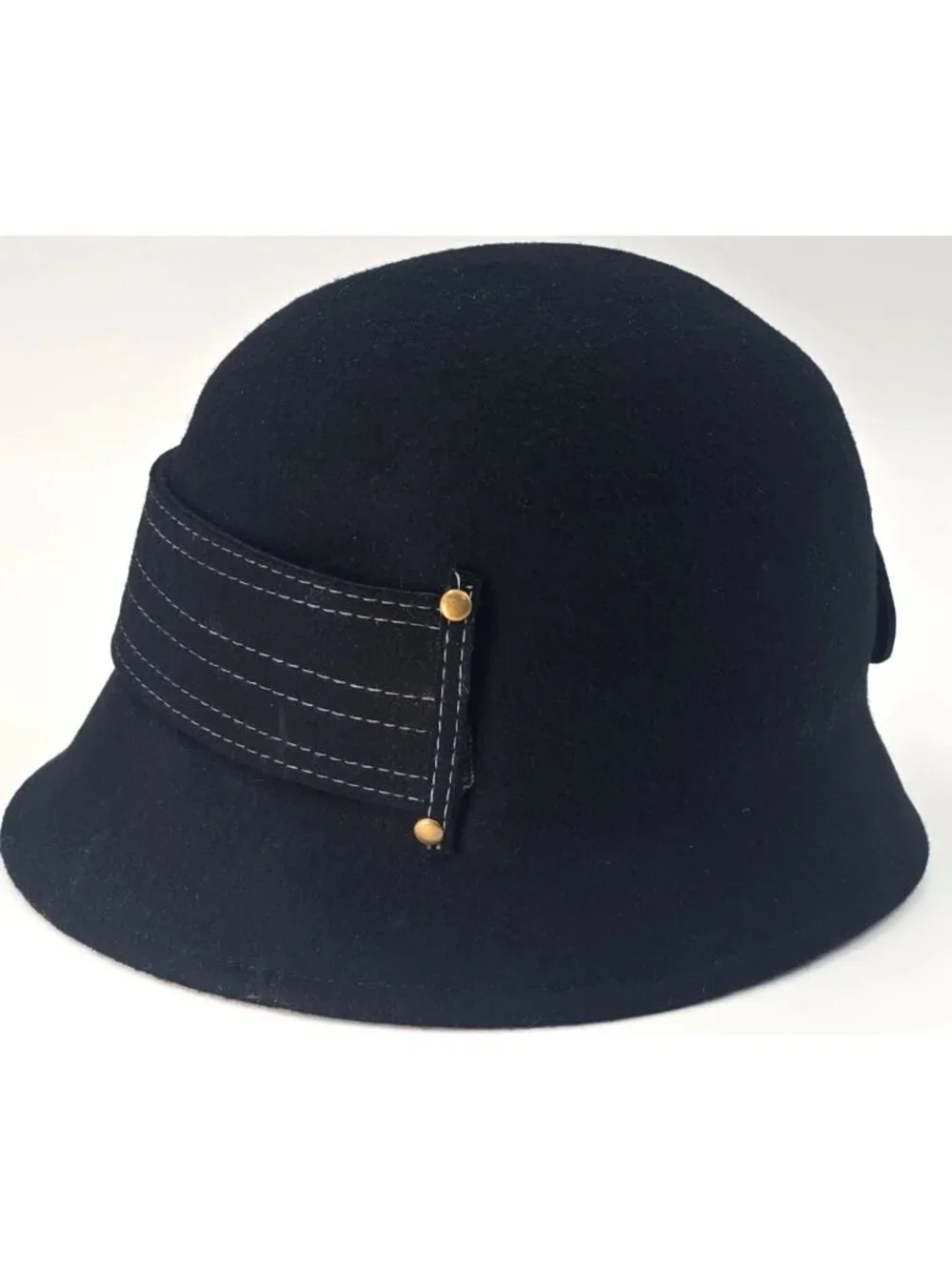 Scala Collezione Black Wool Cloche Hat Handcrafted Brass Buckle Stitching One Sz